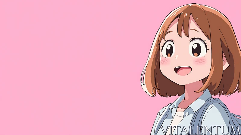 Cheerful cel shaded anime portrait on flat pastel background.