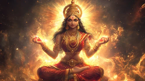 Radiant fire goddess meditates in a halo of divine light