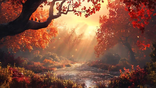 Volumetric autumn sunlight penetrates dense forest foliage