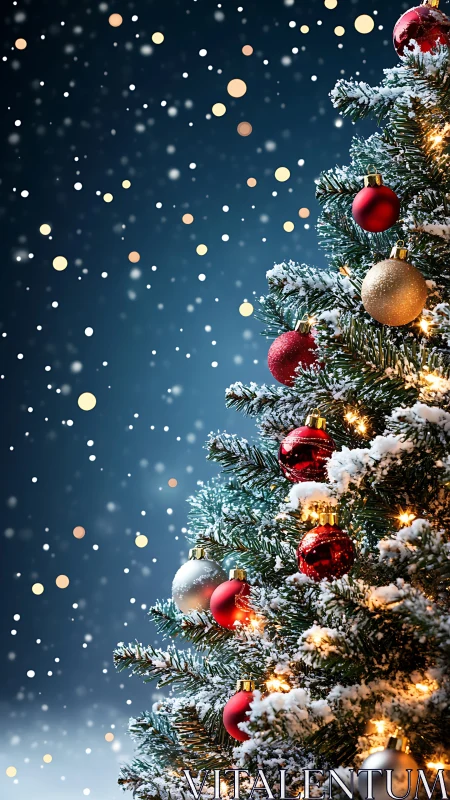 Snowy Christmas tree glows with red and gold ornaments.