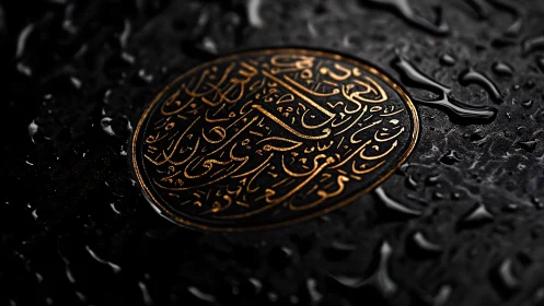 Gilded Arabic calligraphy coin under whispering storm droplets.