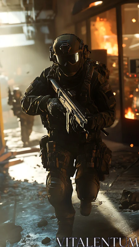 Futuristic tactical soldier advances through burning city street.