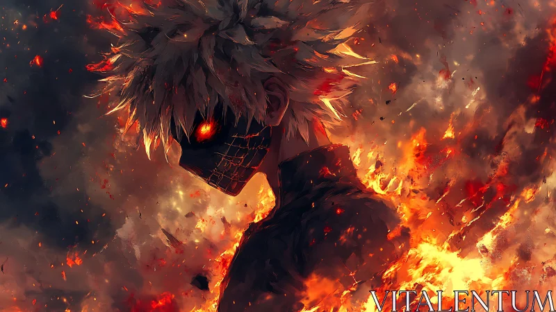 Masked white haired warrior stands amid raging inferno