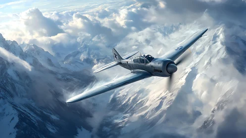 Photorealistic alpine fighter plane in dynamic aerial perspective.