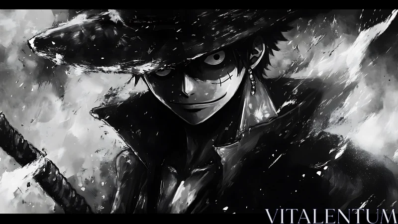 Dark swordsman in storm of ink and shadow grins fiercely.