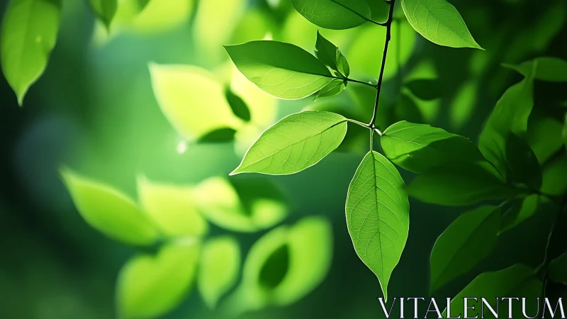 Sunlit green leaves in soft bokeh forest glow closeup.