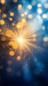 Radiant golden light burst against deep blue bokeh field.