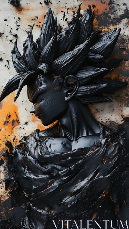 Sculpted black anime warrior bust textured with molten strokes