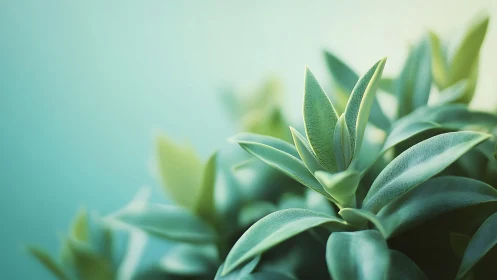 Closeup green succulent leaves against soft teal background.