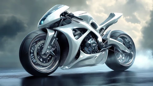 Futuristic white superbike gleams on a misty reflective roadway.