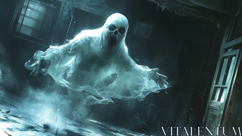 Translucent spectral figure advances through dilapidated room