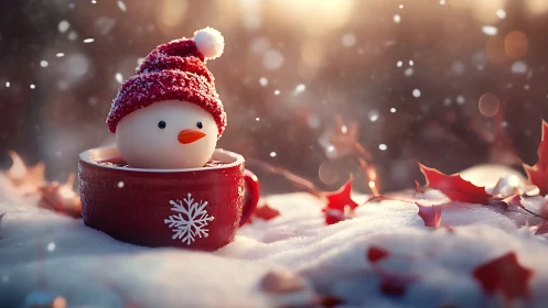 Whimsical snowman mug in softly glowing winter snowfall.