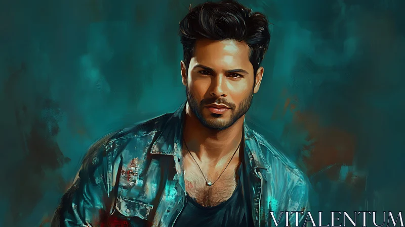 Confident man in teal-toned digital portrait stares forward