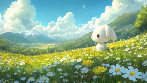 Soft bunny daydreams quietly across a sunlit flower sea
