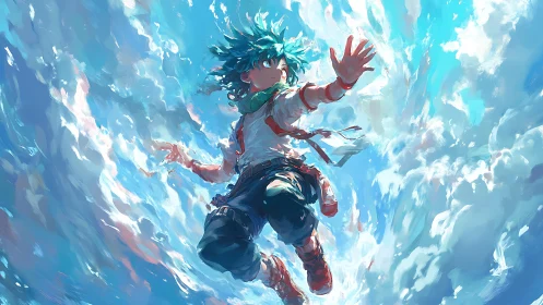 Skyborne anime hero reaching through swirling azure clouds.