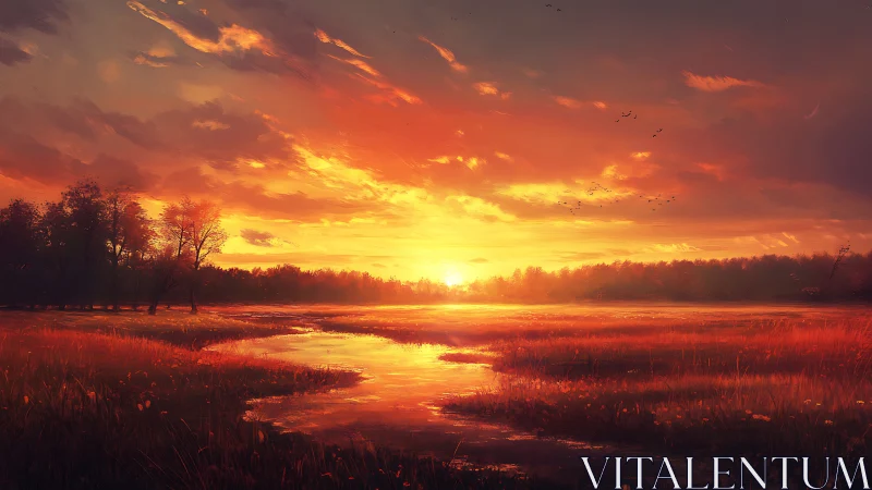 Sunset illuminates a flat wetland with distant tree line