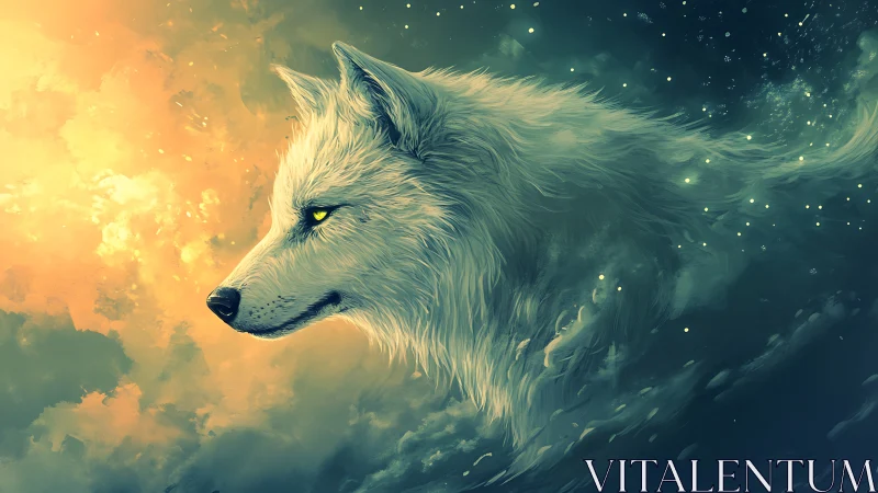 Ethereal white wolf profile amid glowing night sky.