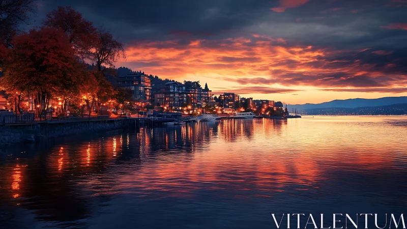 Waterfront residential district at sunset with calm harbor.