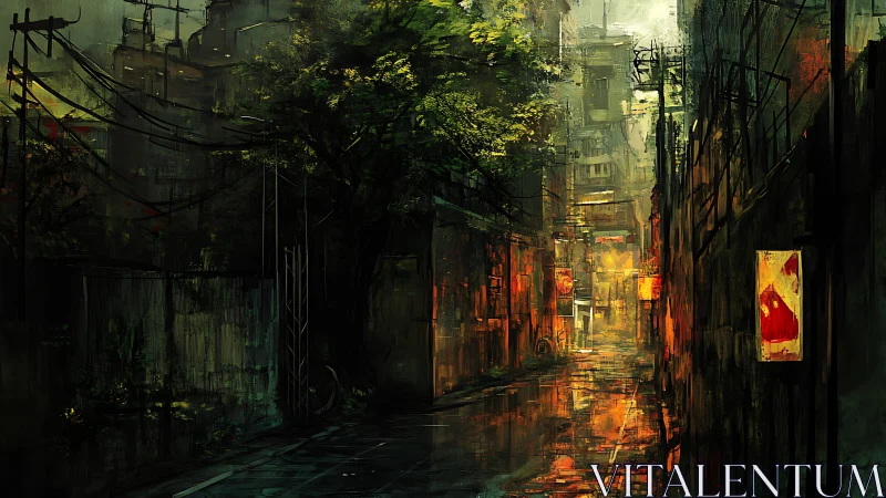 Narrow urban alley is depicted with wet pavement and cables