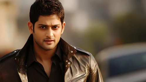 Confident young man walks forward in a warm city glow