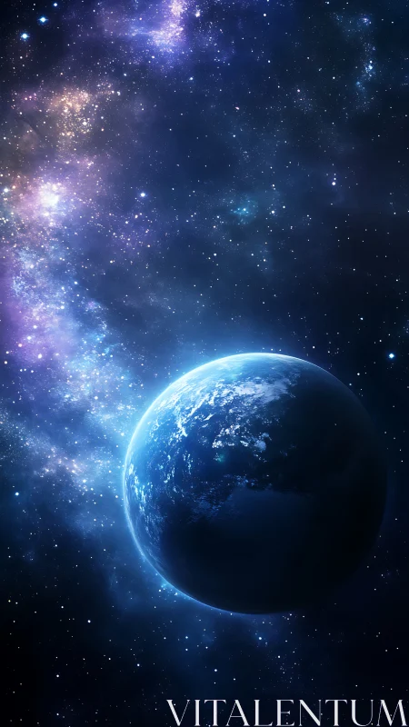 Planet silhouette against luminous galactic starfield.