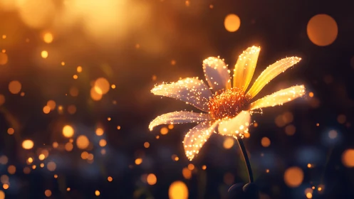 Luminous daisy macro in warm bokeh field, digital painting.