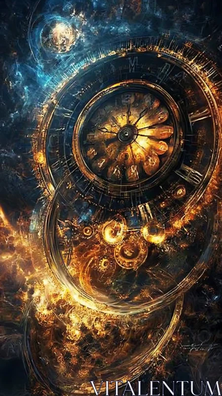 Cosmic clockwork vortex with glowing steampunk gears.