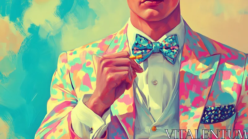 Male figure in patterned suit adjusting multicolored bow tie.