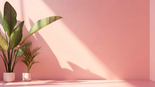 Sunlit tropical houseplants against soft pink wall.