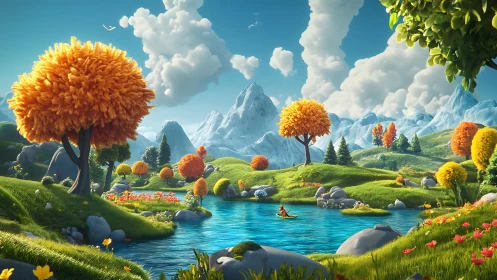 Stylized mountain valley landscape shows lake, trees, and clouds