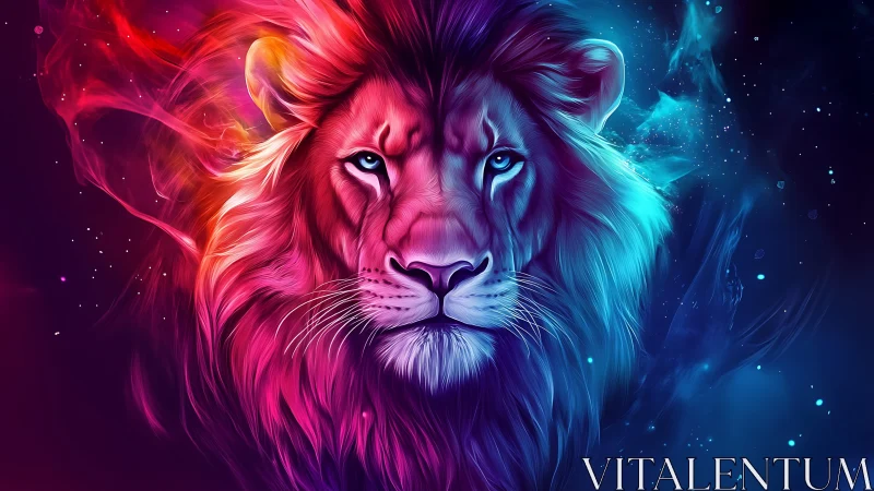 Symmetrical lion portrait uses dual neon color gradients