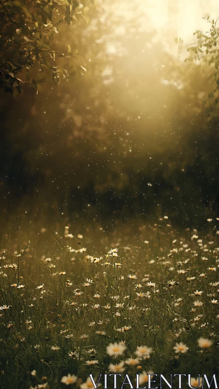 Daisy hush under honeyed sunlight and drifting golden dust.