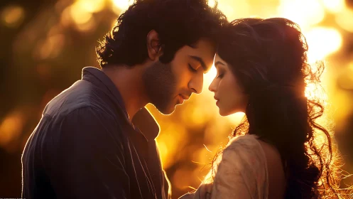 Golden Light Embrace: A Romantic Moment Between Two People.