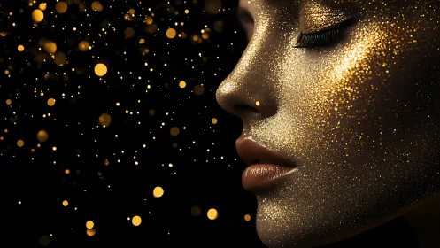 Specular-lit profile with dense gold particulate texture on skin
