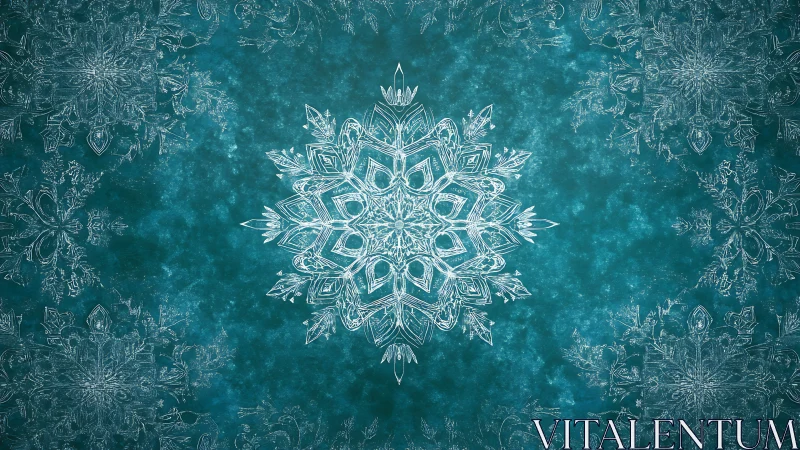 Centered geometric snowflake mandala over textured teal field