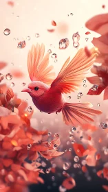 Coral-winged songbird gliding through floating crystal raindrops.