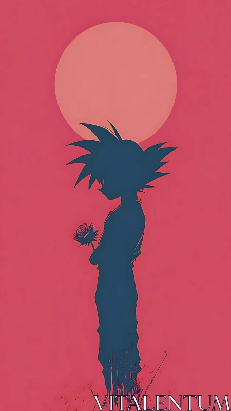 Silhouette of spiky haired figure holding rose under sun.