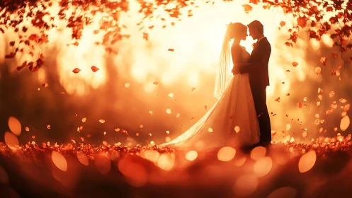Bride and groom embrace beneath golden autumn leaves.