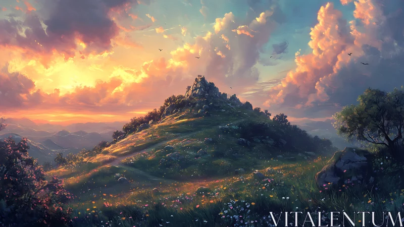 Golden hour hilltop where wildflowers meet painted skies.