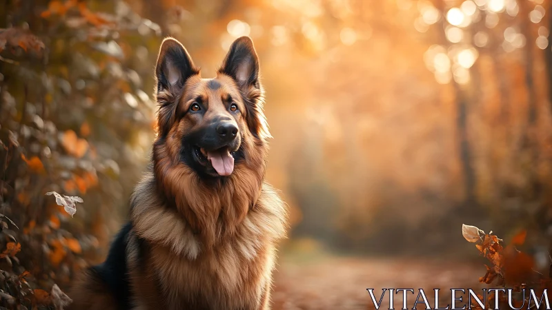 German shepherd in warm autumn forest light portrait.