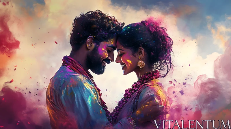 Couple in colored powder and ornamental dress against clouded sky