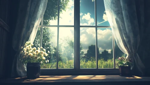 Sunlit window nook opening softly onto a summer meadow.