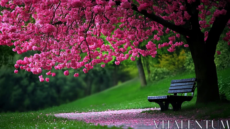 Serene park bench beneath vivid pink cherry blossoms.