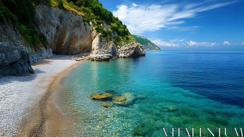 Rocky cove with clear turquoise sea and bright blue sky.