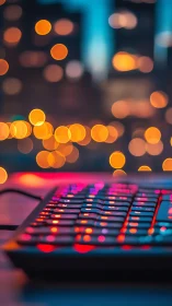 RGB keyboard on desk with blurred city lights background.