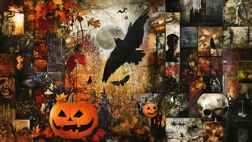 Moonlit crows and jack o lanterns haunt an autumn collage.