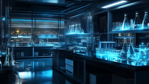 Neon beakers whisper algorithms across the midnight lab