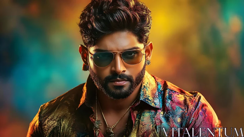 Man in patterned shirt and sunglasses against vivid background.