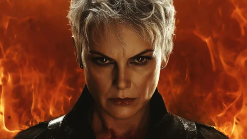 Intense silver‑haired warrior portrait against blazing flames