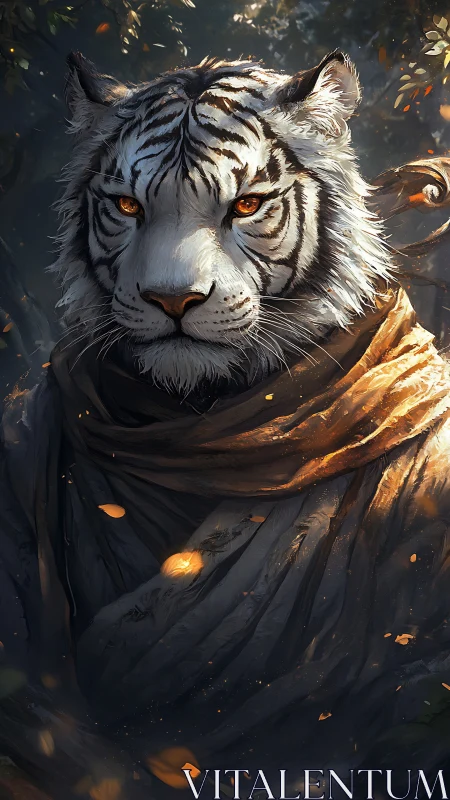 White tiger portrait in cloak with glowing amber eyes.